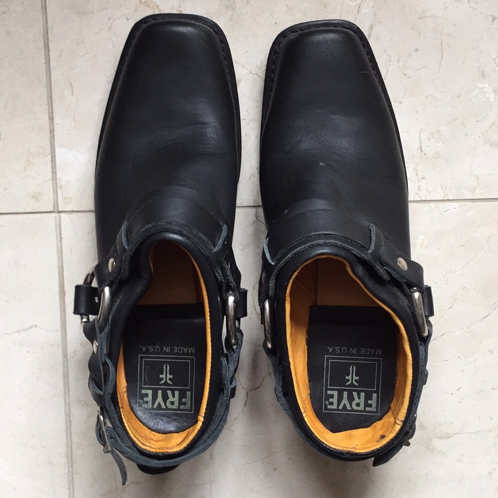 Frye black leather belted harness mules shoes